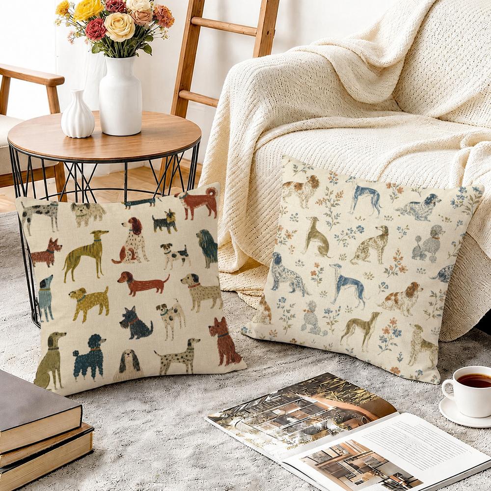 Colorful Dog Pattern Cushion Cover Durable Hypoallergenic Organic Linen Pillow Cover Short Size Washable SkinFriendly