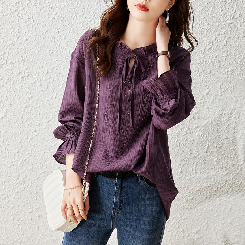 

DIMANAF Большие размеры 2024, весенние новые тонкие блузки, женские мягкие рубашки фиолетового цвета. Однотонные топы оверсайз с тонкими длинными рукавами и бантом M фиолетовый