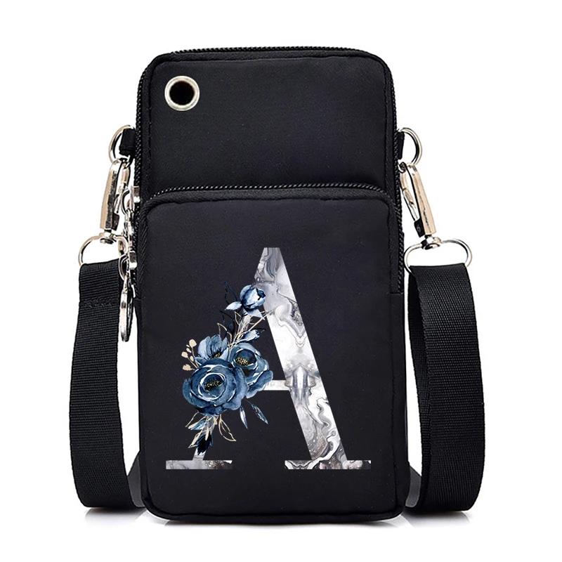 Blue Roses Alphabet Print Small Shoulder Bag 26 Letters Mini Crossbody Phone Bag for Women