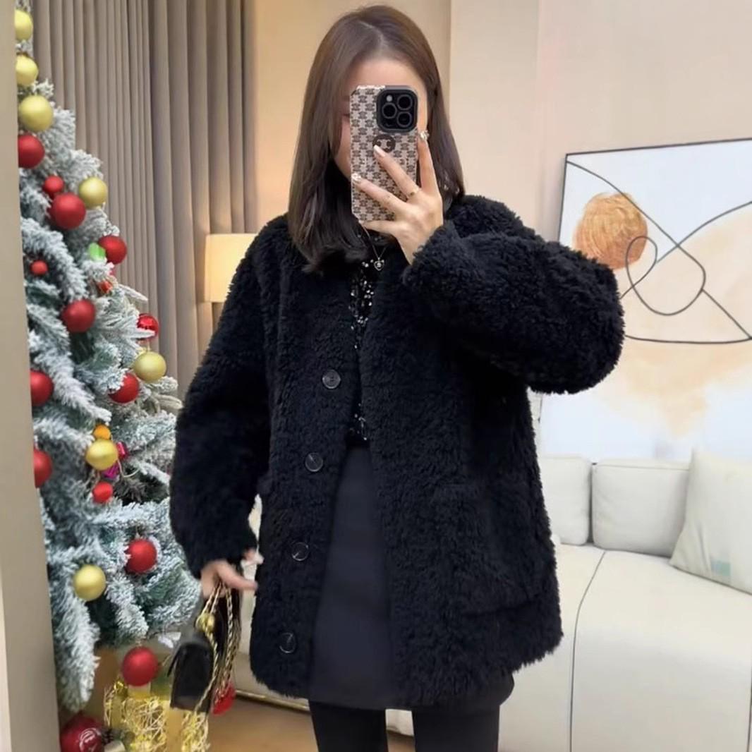 

2024 Корейское женское пальто с V-образным вырезом и флисовой подкладкой - Коллекция осень/зима L чёрный