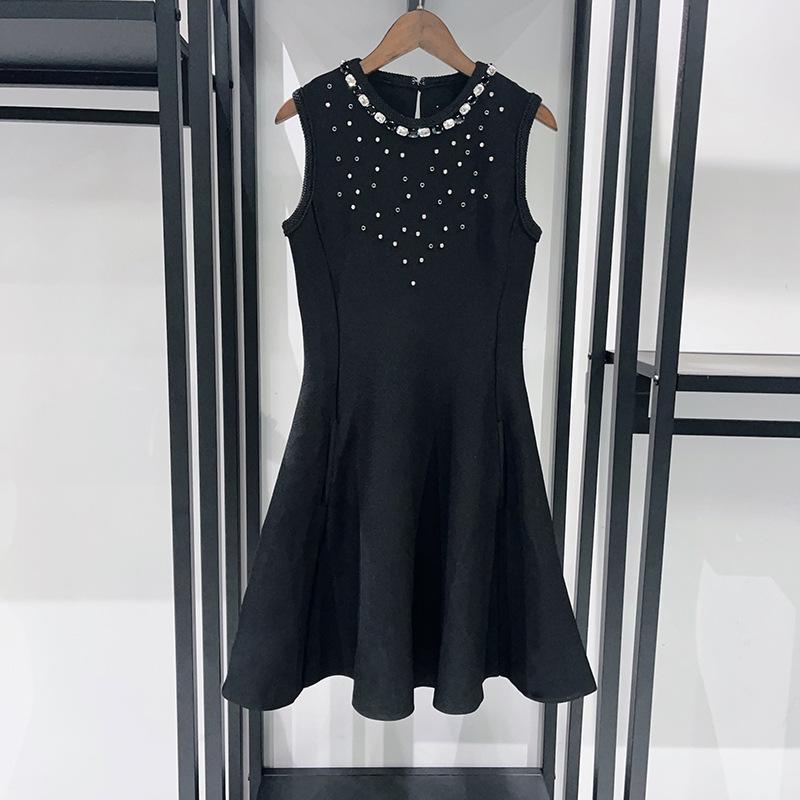 French Niche 2025 A/W Rhinestone Little Black Dress: Sleeveless, Round Neck, High Waist, A-line Short Skirt.