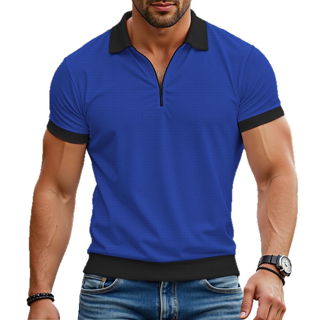 Men's Casual Spring and Summer Polo Shirt Zipper New Color Matching Short-sleeved T-shirt Top