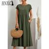 HNXC Women's Fashion Summer Spring Solid Color Print Short Sleeve O-Neck Casual Dresses