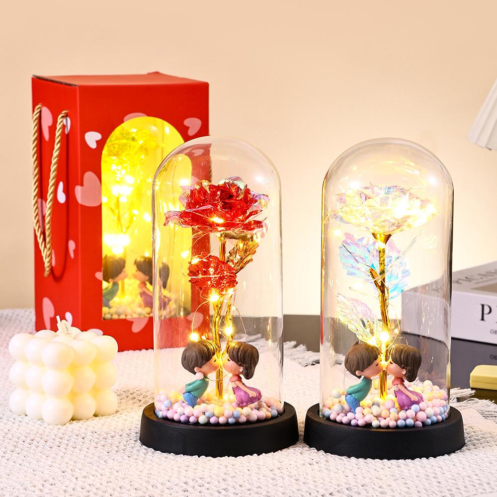 Gold foil rose couple doll glass cover Valentine's Day gift practical ornament Christmas creative gift