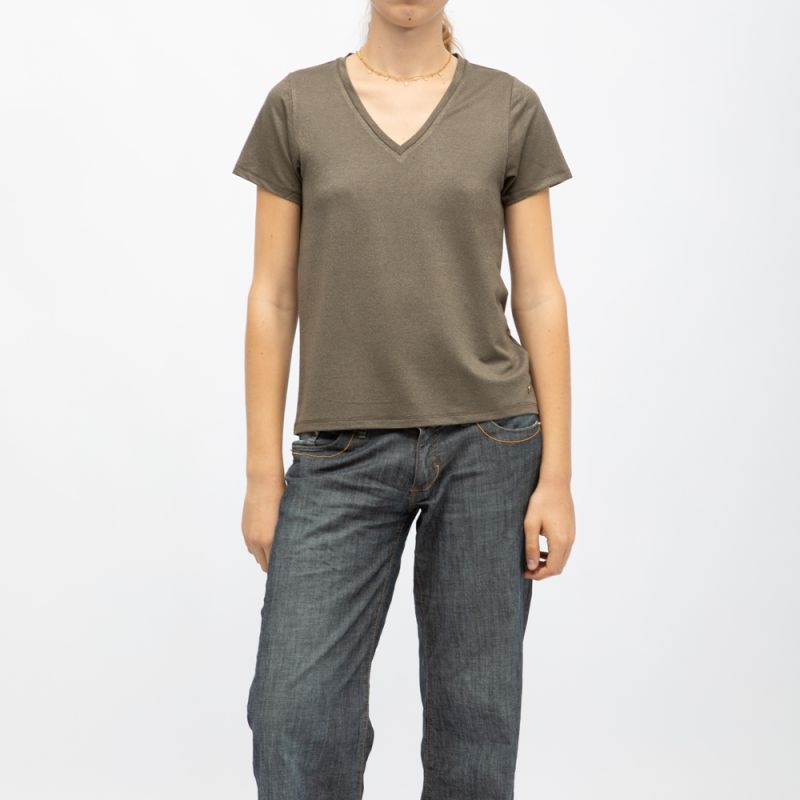 

Футболка с V-образным вырезом, цвета сияющий хаки, с короткими рукавами, женская DEELUXE 74 L хаки
