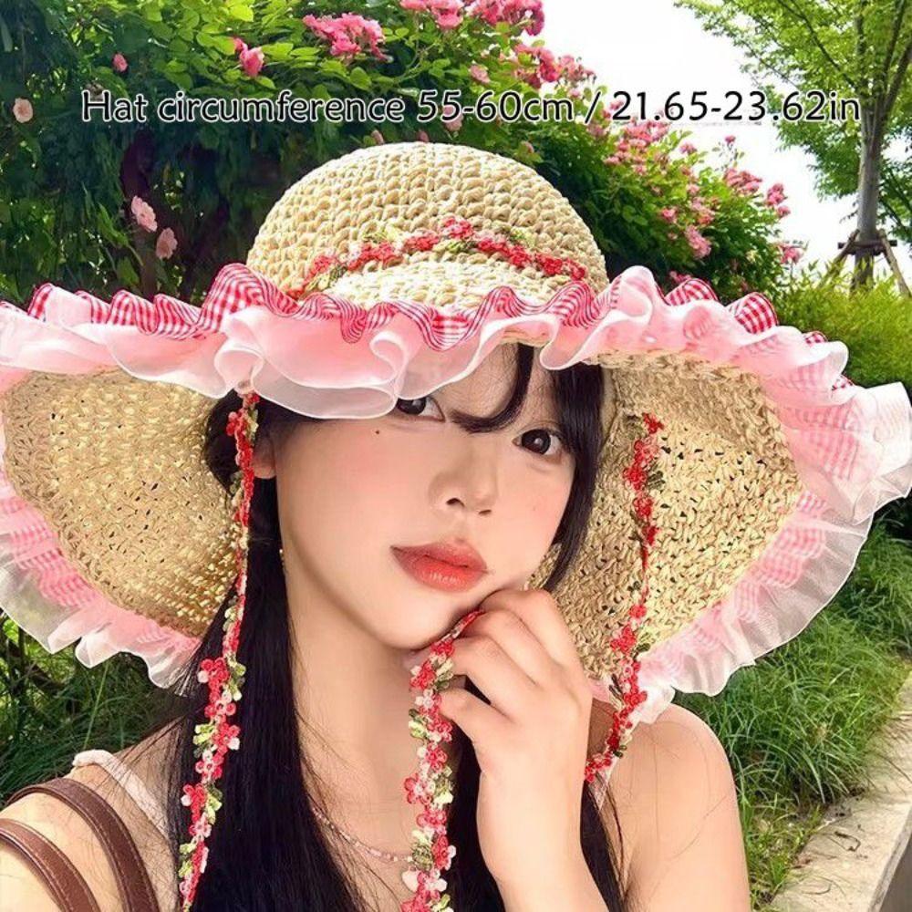 Foldable Lace Trim Hats Sun Protection Straw Sun Visors High Quality Straw Hat  Women Girls
