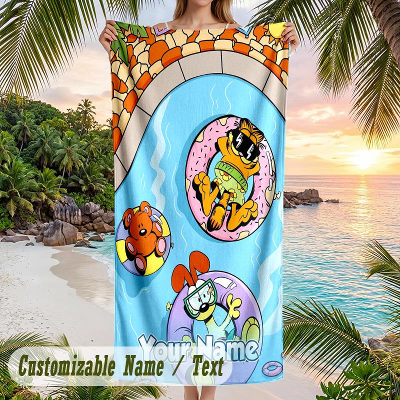 Garfield Beach Towel, Personalized Custom Text, Quick Dry Soft Large Towel For Swimming Pool Travel