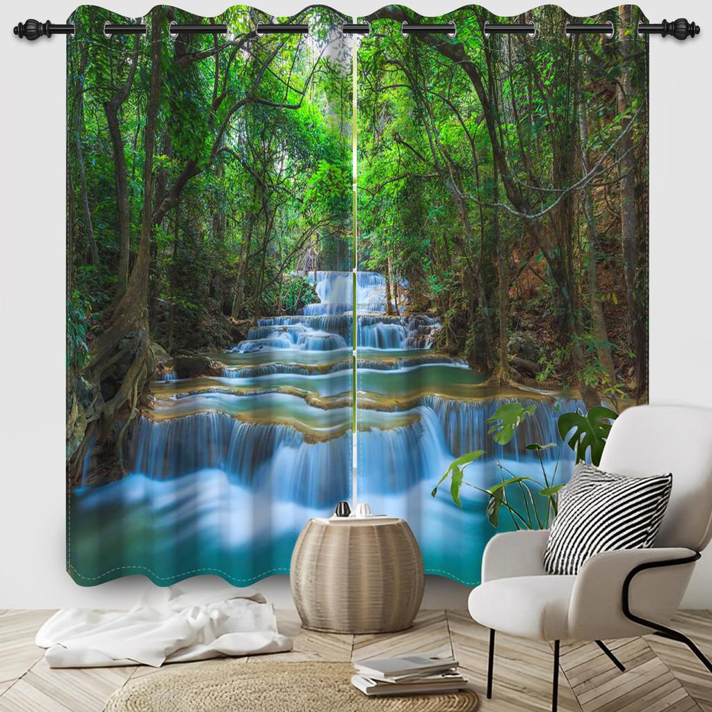 2pcs/set Blackout Curtains Sunny Forest Natural Green Space Landscape Polyester Window Bedroom Kitchen Home Interior Curtains