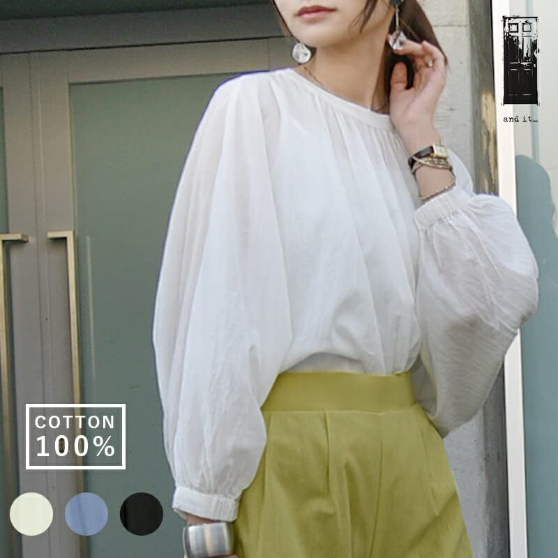 [and It_] Cotton Voile Gathered Dolman Blouse – Women's Long/3/4 Sleeve Top, 100% Cotton, M–L, Smoke Blue