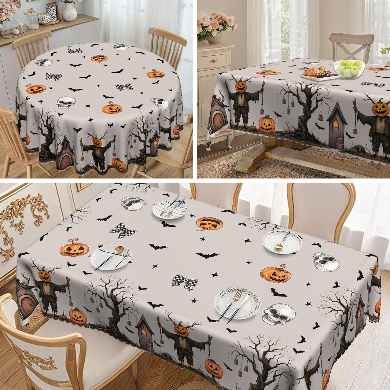 

1 Retro Halloween Tablecloth, Brown Skull Background, Country Grid And Pumpkin, Halloween Gift round tablecloth-152x152cm