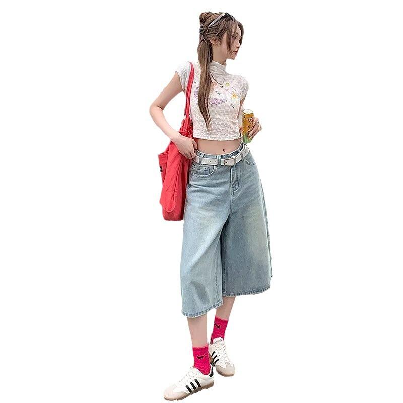 Women's Vintage High-Waist Wide-Leg Denim Shorts - Summer Lightweight and Loose Fit