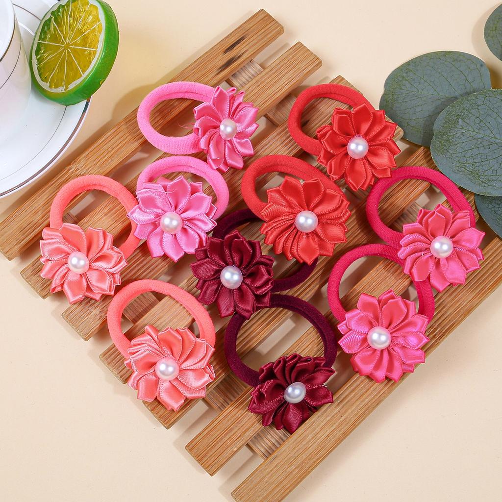 10pcs Flower Hair Ties Kids Girls Hair Bands Elastic Nylon Headband Pearl Floarl Ponytail Holder Hair Accessory for Girls