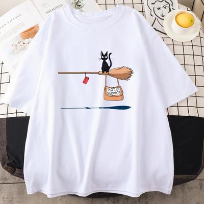 Kiki's Delivery Service Katze auf magischem Besen Unisex-Baumwollkleidung Japanische Harajuku-Oberteile Rundhalsausschnitt Lose Kurzarm-Unisex-T-Shirts