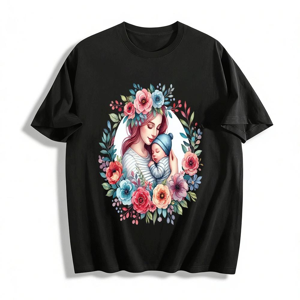 Floral Print Mommy And Baby Embrace Themed Adult Top Pure cotton T-shirt XXS