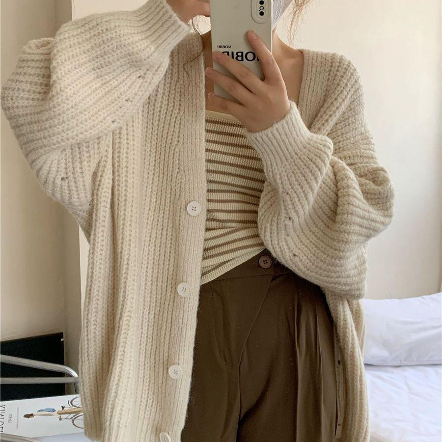 Korean autumn and winter new knitted solid-color sweater women's cardigan casual lazy wind loose soft single-breasted jacket