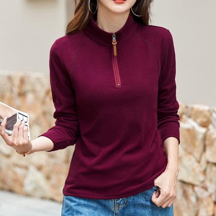 Women's Stand-Up Collar German Velvet T-Shirt: Autumn/Winter 2025, Long Sleeve, Casual Warm Base Layer Top.