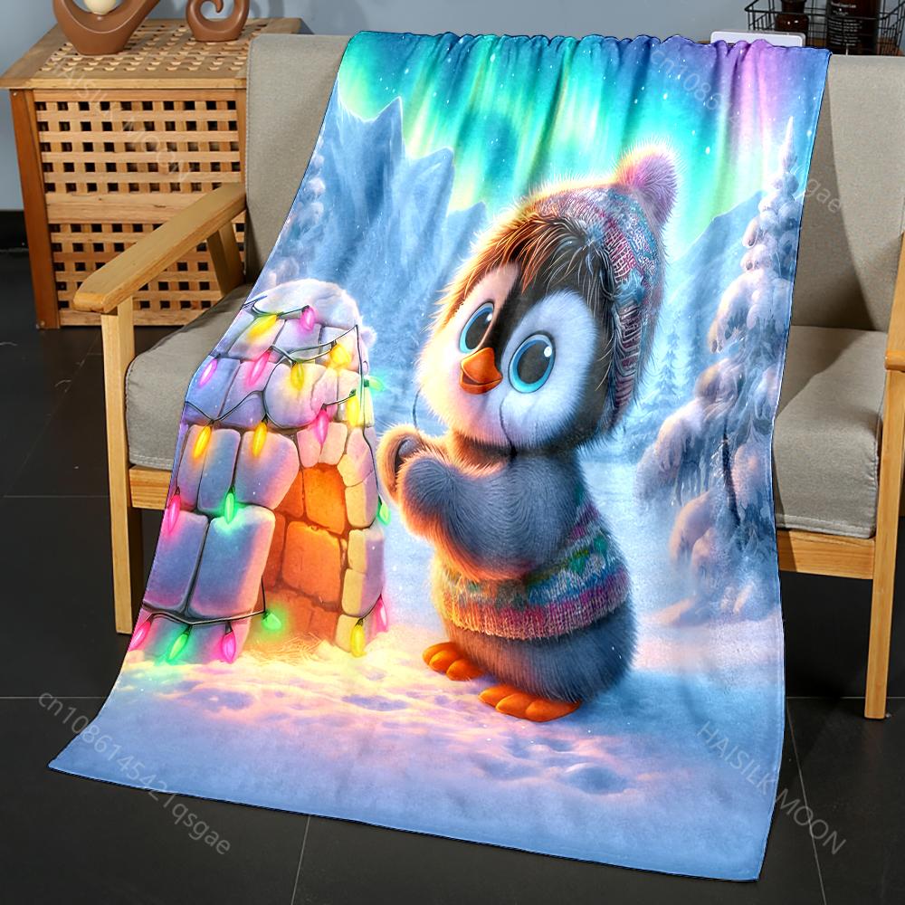 Cute Penguin and Colorful Lights Pattern Blanket Flannel Material Soft Warm for All Seasons Home Outdoor Camping Picnics RV