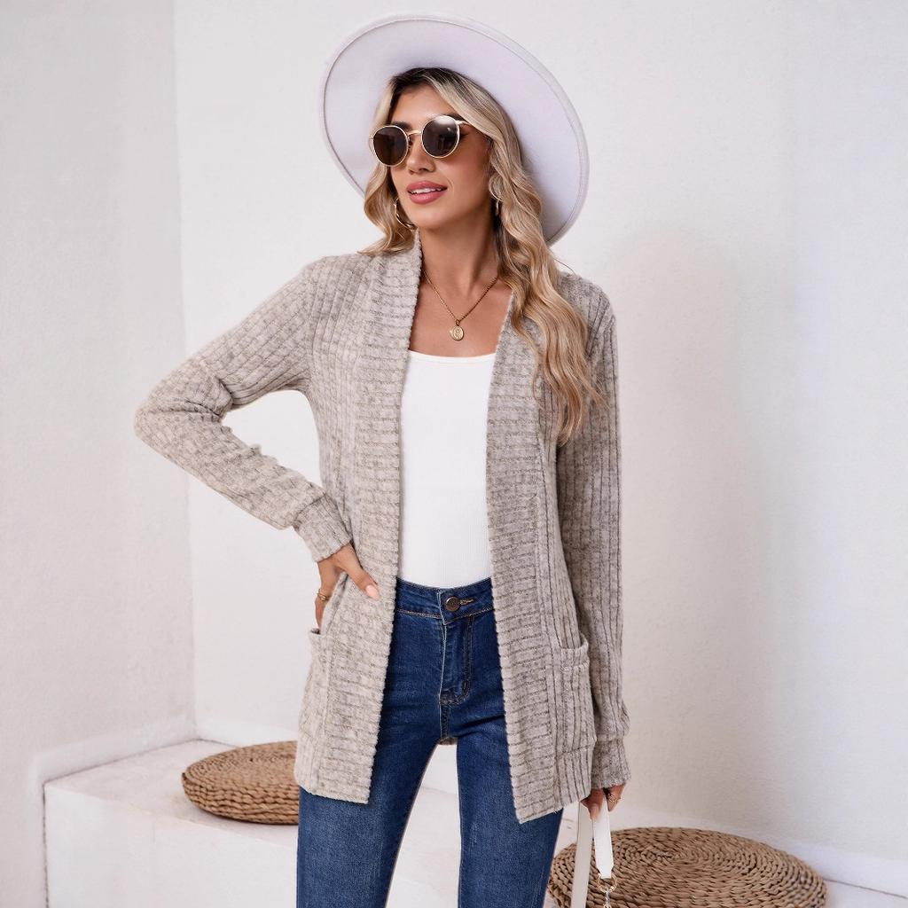 Cardigan aperto a coste da donna, maglione casual a maniche lunghe con tasche