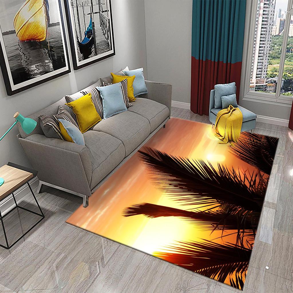 Rug Kitchen Bathroom Entrance Mat Non-Slip Rug Green Tropical Palm Leaf Sunset Rug Living Room Decoration Floor