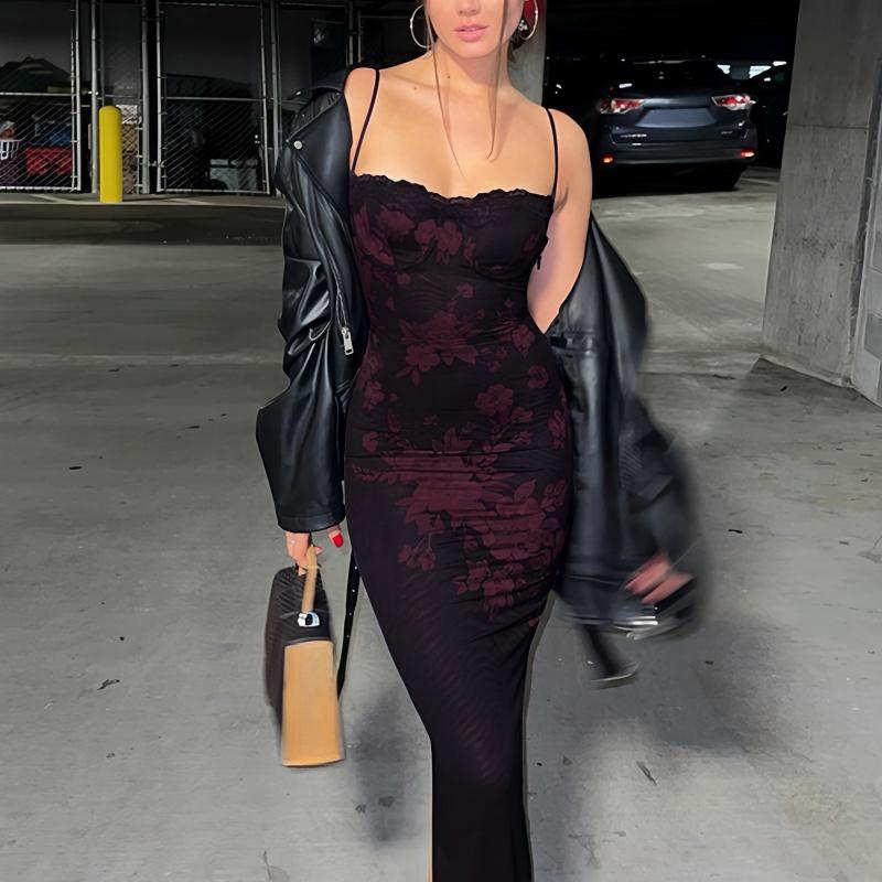 

New Women s Fashion Sexy Floral Printing Retro Dress Sleeveless Spaghetti Strap Square Neck Long Maxi Dress Bodycon Backless Lace Long Dresses L вина червоного кольору