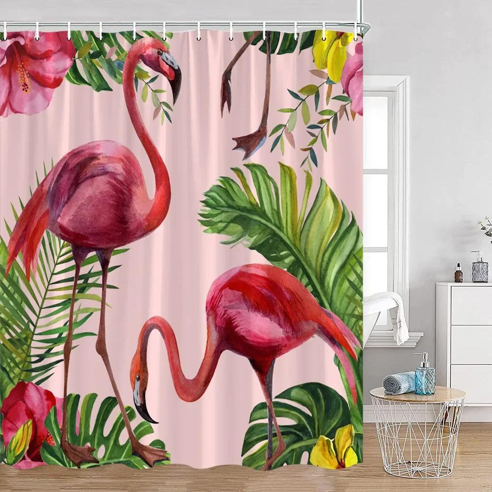 Tropisches Tier Duschvorhang Leopard Wildtier Flamingo Papagei Zebra Grüne Pflanze Palmenblatt Badezimmer Vorhang Dekoration