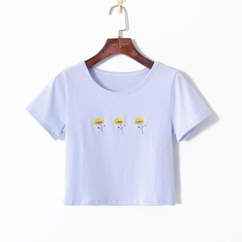 

2023 Лето Женская Одежда Мода Корейский Стиль Свежий Милый Вышивка Мелкими Цветами Круглый Вырез Пуловер Короткий Рукав Приталенная Короткая Футболка Stripes S