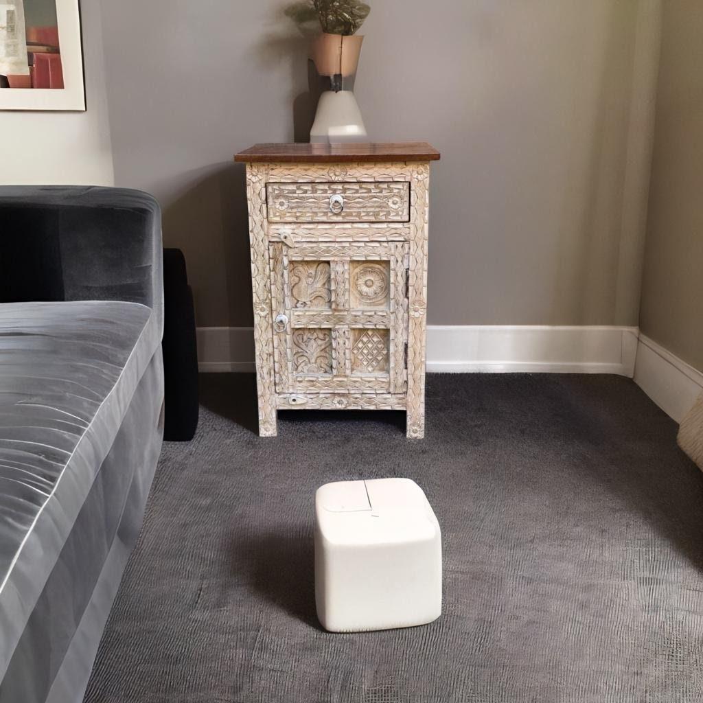 Wood Carved Side Cabinet Bedside Storage With Desk Drawer,Living Room End Table Furniture-Sideboard Drawer-Wood Cupboard Nightstand
