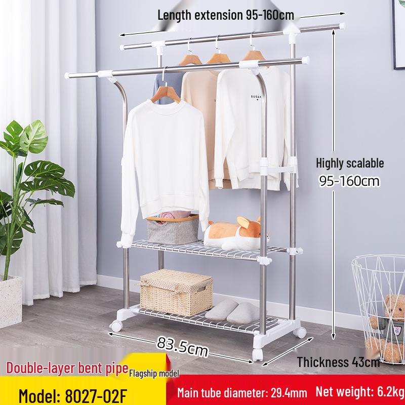 Floor-Standing Double-Rod Mobile Drying Rack, Retractable Stainless Steel Clothes Pole for Home and Balcony