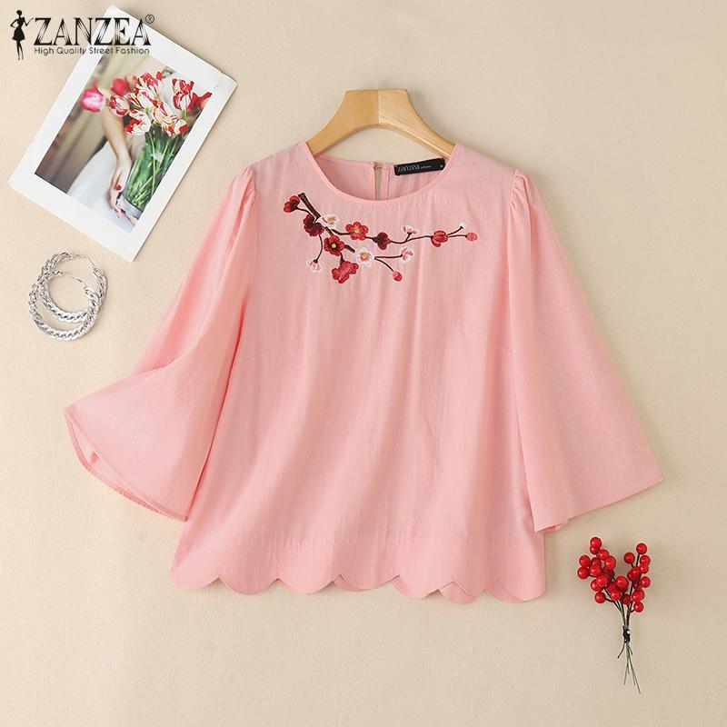 ZANZEA Women Casual Floral Embroidery Loose Summer 3/4 Sleeve Blouse