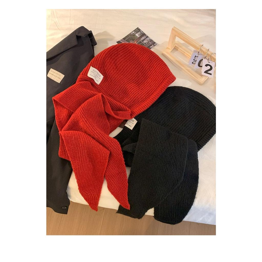Red Hat Women's Autumn/Winter Warm Knitted Hat Scarf One Piece Hooded Neck Knitted Hat Winter