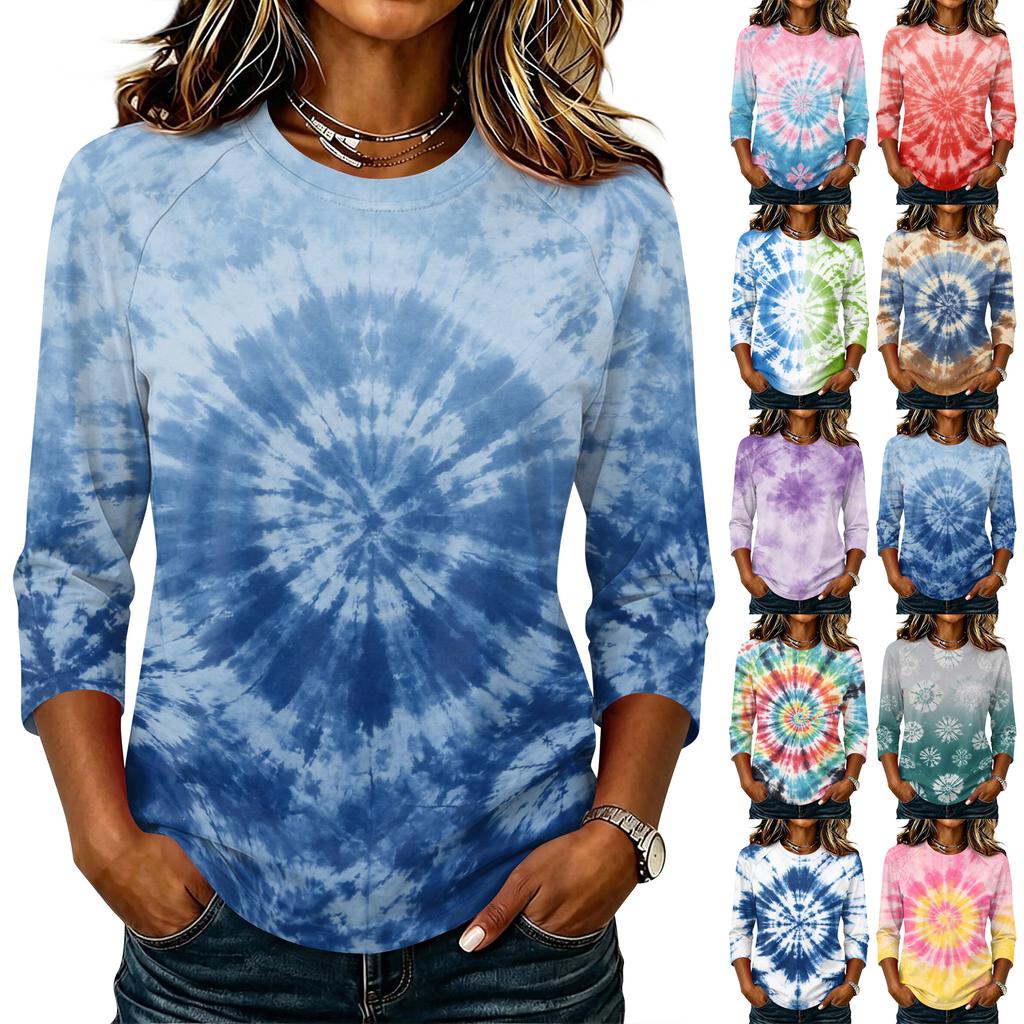 Damen Lässiger Raglanärmel Pullover T-Shirt Rundhalsausschnitt Dreiviertelarm Batik Print Oberteil für den Alltag