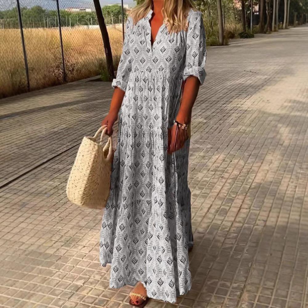 Damen V-Ausschnitt Langarm Maxikleid Oversized Lässig Geometrischer Print Urlaubs-Kleid