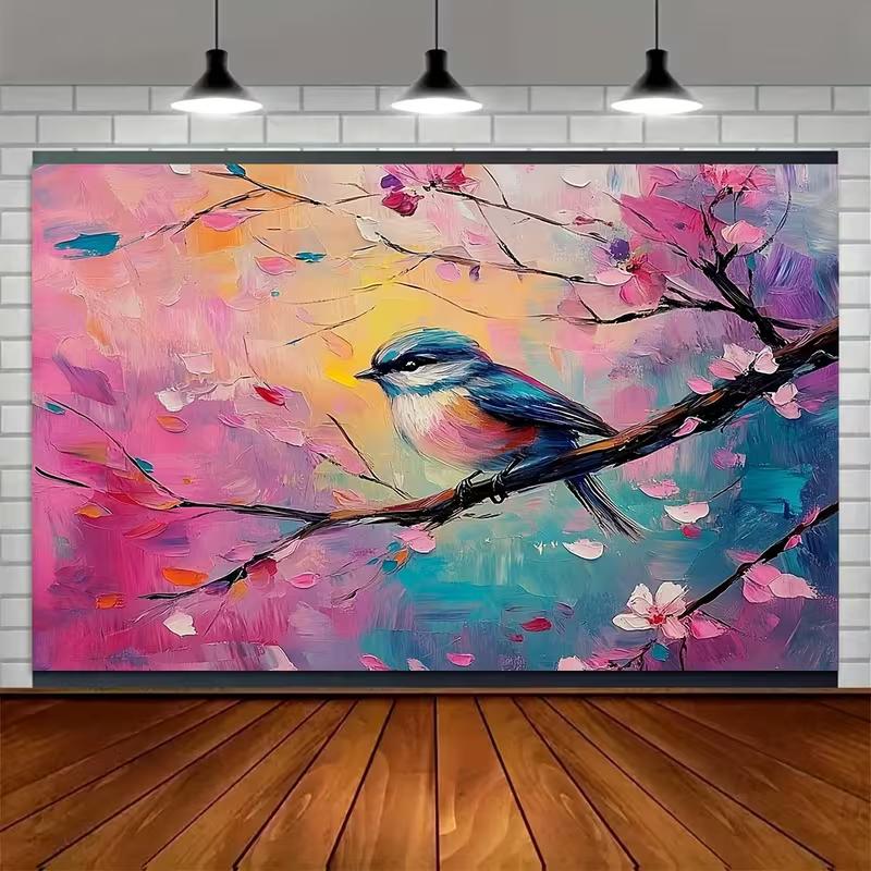 2D Blossom Branch Bird Backdrop, Artistic Spring Garden Photo Background