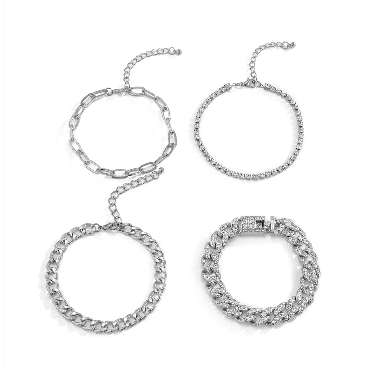 

Bracelet Four-Piece Set Hip-Hop Alloy Cuban Inlaid Diamond Simple Hand Jewelry Exaggerated Men s White K 01411