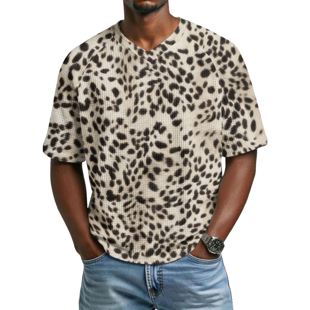 Herren T-Shirt mit Leopardenmuster, Atmungsaktives V-Ausschnitt Kurzarm Oberteil für Herren, Lässiges Mode Sommer T-Shirt
