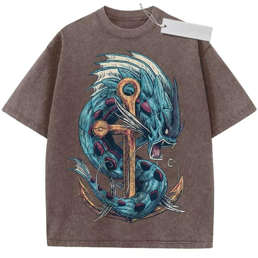Unisex Black Washed Vintage T Shirt Nautical Blue Dragon Anchor Retro Style High Quality Fabric for Casual Shopping