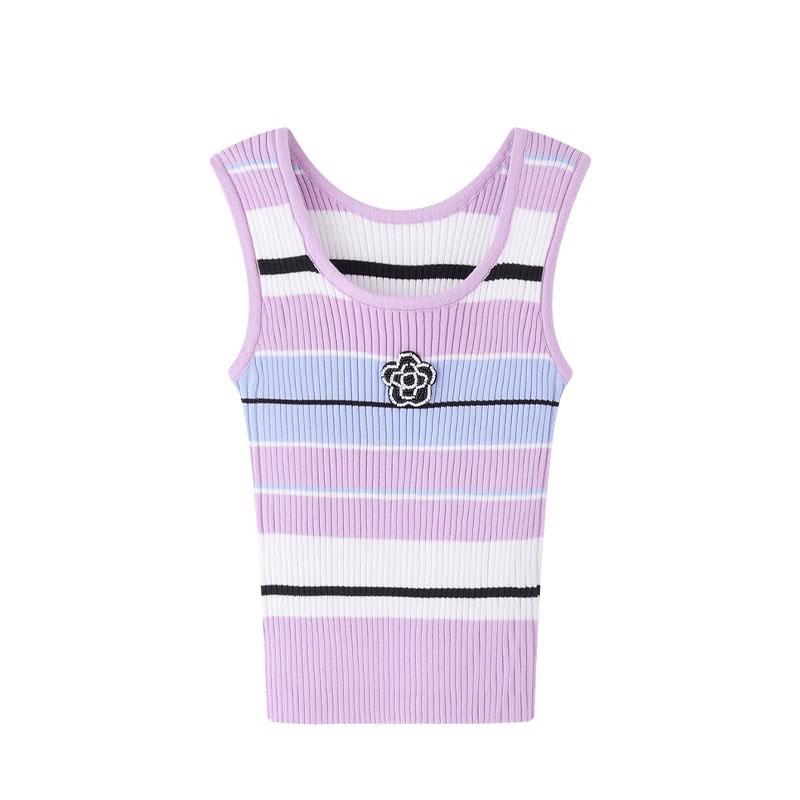 

Женские топы с цветочным принтом и бисером, полосатые повседневные летние жилеты, женские летние топы, трикотажные жилеты, топы из трикотажа B-090 L лавандовый