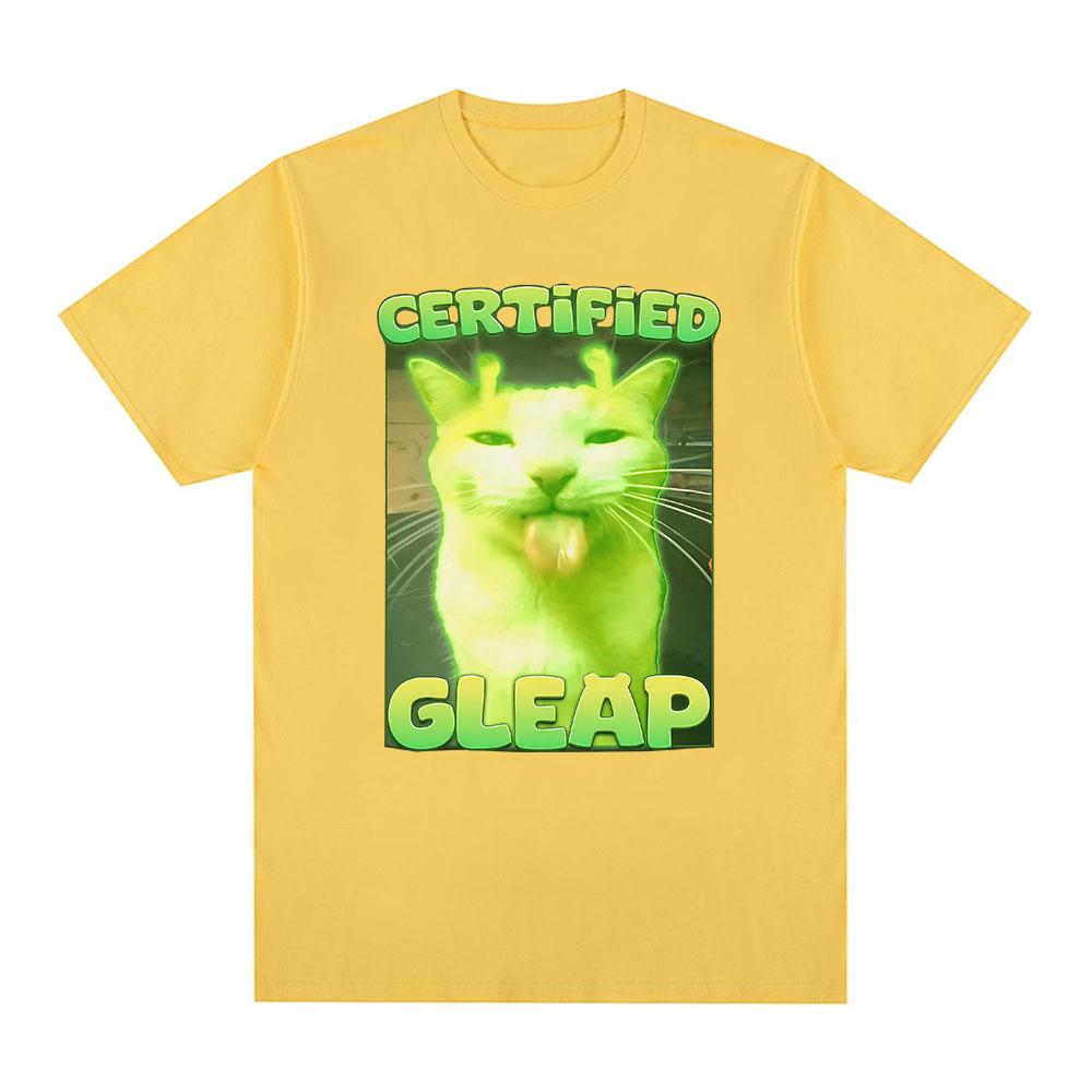 Certified Gleap Funny Alien Brainrot Cat Meme Graphic T-shirt Men Women Fashion Short Sleeve T-shirts Cotton Oversized T Shirts