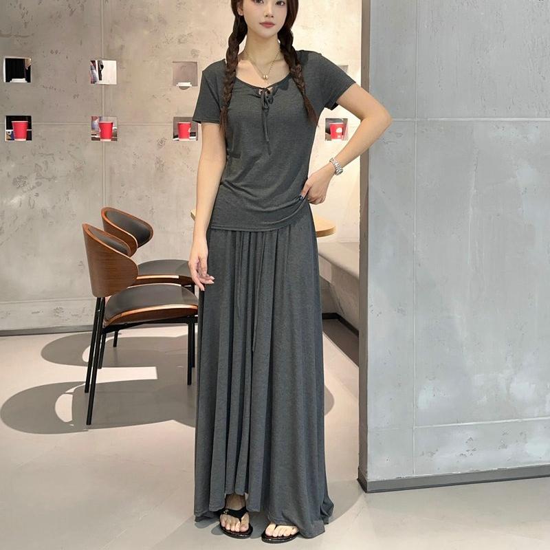 Damen Sommer Modal Schlafanzug Sets Übergröße M bis 6XL Krawattenhals Kurzarm T-Shirt und Kordelzug Hoher Bund Langer Rock Lässige Mode 2-teiliges Set