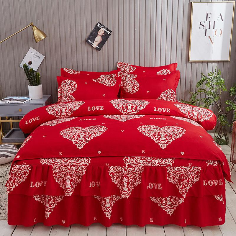 Four Sets of Big Red Bed Skirts Set Double Anti-skid Bed Single Bed Cover Wedding Bed Supplies