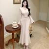 French Lace Knot V-Neck Dress: Women's Autumn/Winter Elegant Style, Patchwork Waist-Cinched Gown with Mermaid Skirt
