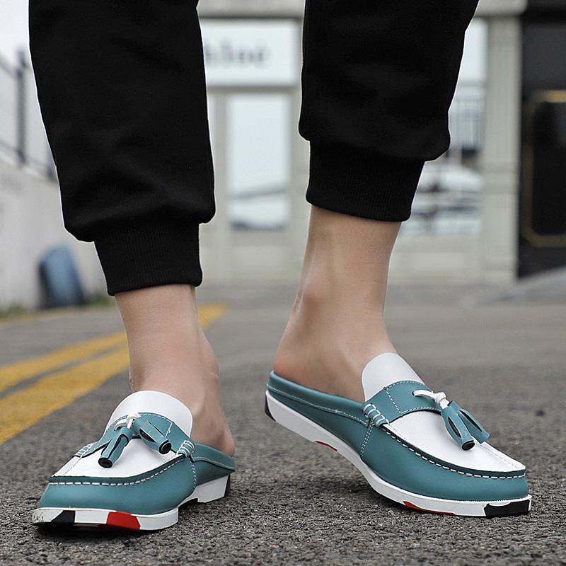 Newest Mens Casual Leather Half Shoes For Men Loafers Shoes Handmade High Quality Summer Slipper Male Flats Lazy Shoes Muller Shoes