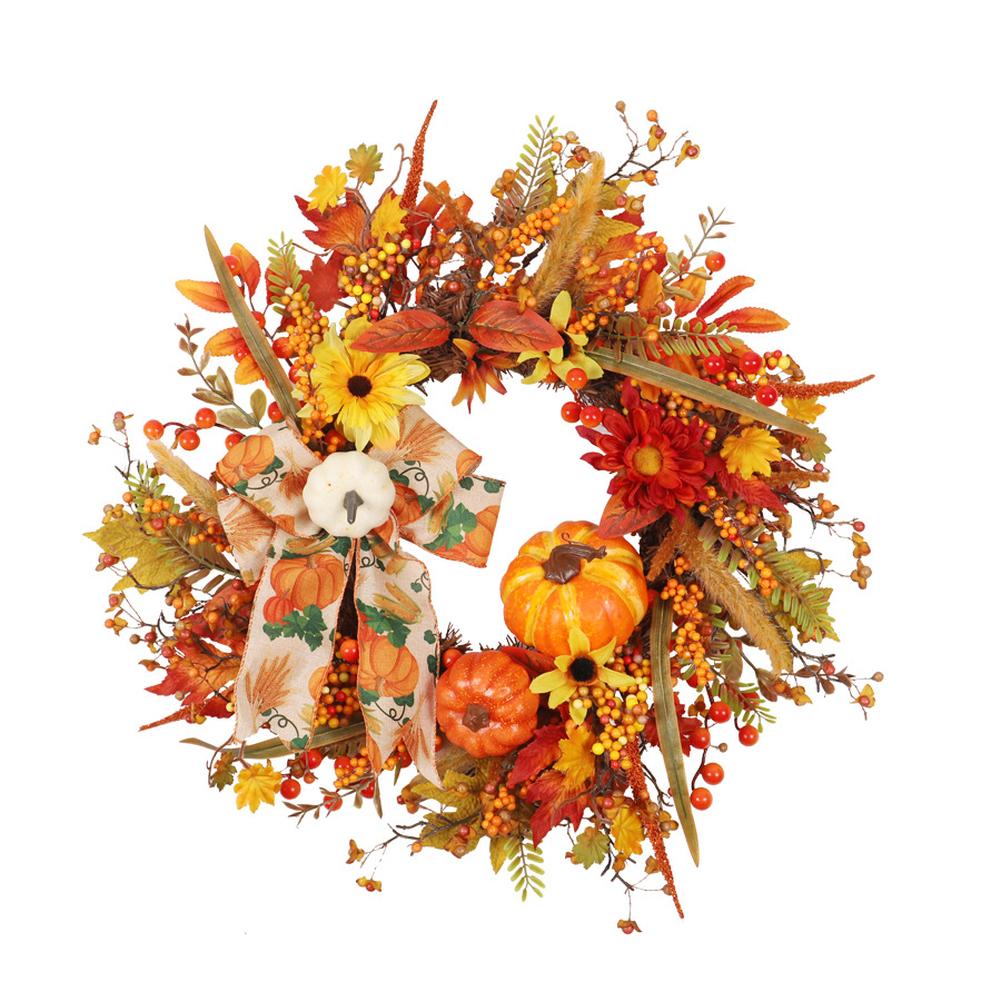 Fall Wreath For Front Door 20" Autumn Wreath With Lights Artificial Pumpkin Berry Wreath For Thanksgiving Halloween Home Decor