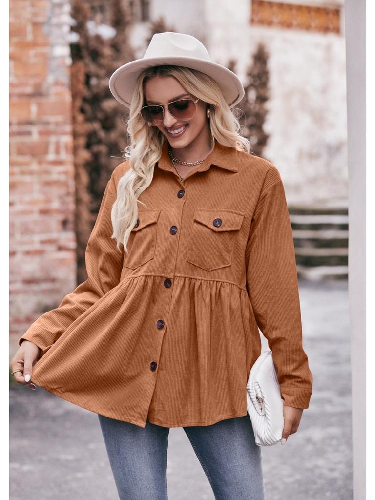 Women's 2024 Corduroy Shirt Long Sleeve Lapel Single-Breasted Thermal Blouse with Pockets, Autumn Winter Warm Stretchy Tunic Top for Casual & Office