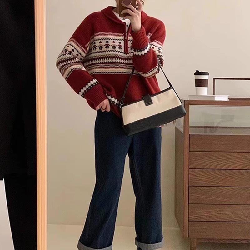 Women's Christmas Red Rat Design Jacquard Half-Zip Sweater - Autumn/Winter Lazy Soft Style