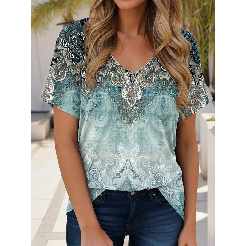 Summer Women's T-Shirt Floral Pattern Bohemian Style Casual Short-Sleeved V-Neck Loose Women's Clothes
