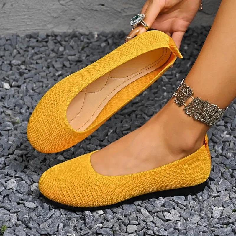 Women Flats Casual Slip On Shallow Shoes Comfortable Knit Ballet Flat Shoes Round Toe Office Boat Shoes Trend Plus Size Loafers