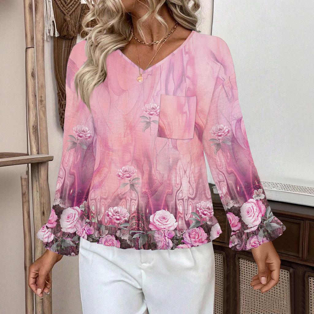 Dámský ležérní módní top s volánky, výstřihem do V, potiskem a dlouhým rukávem