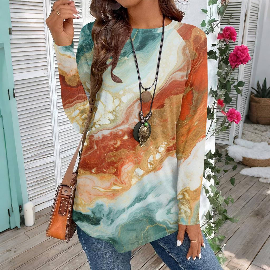 Women's Casual Plus SizeLong Sleeved Round Neck Vintage Ethnic Printing T-shirt Top Pullover