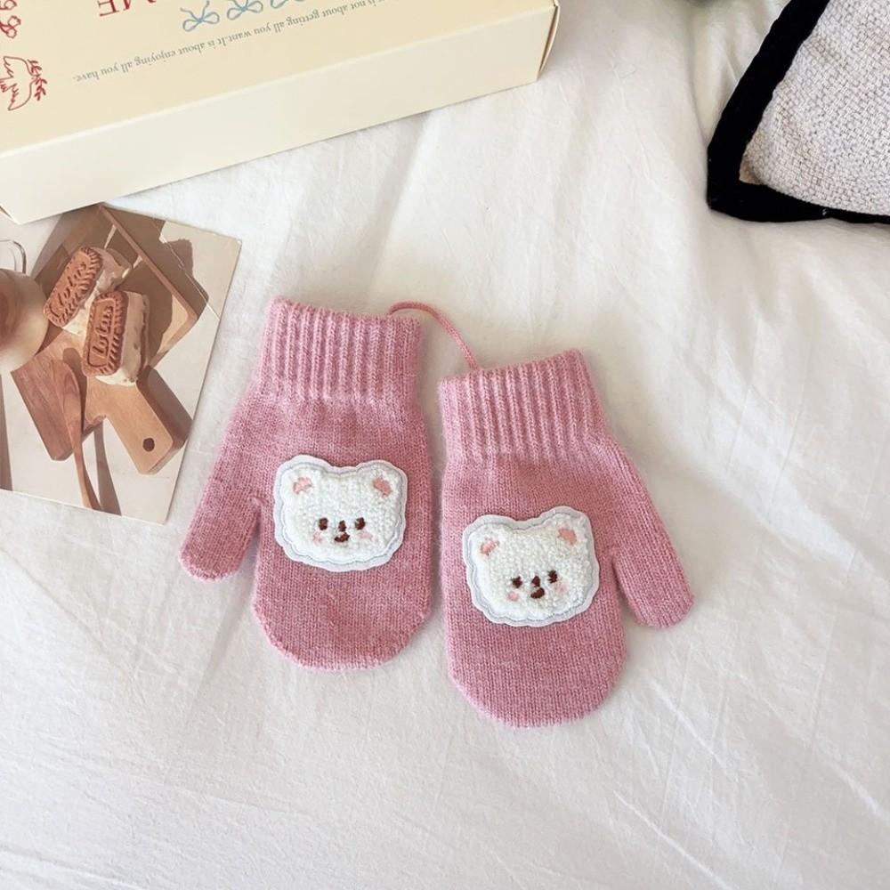With Ropes Cartoon Bear Gloves Solid Color Full Finger Gloves Cute Knitted Mittens  Winter Season